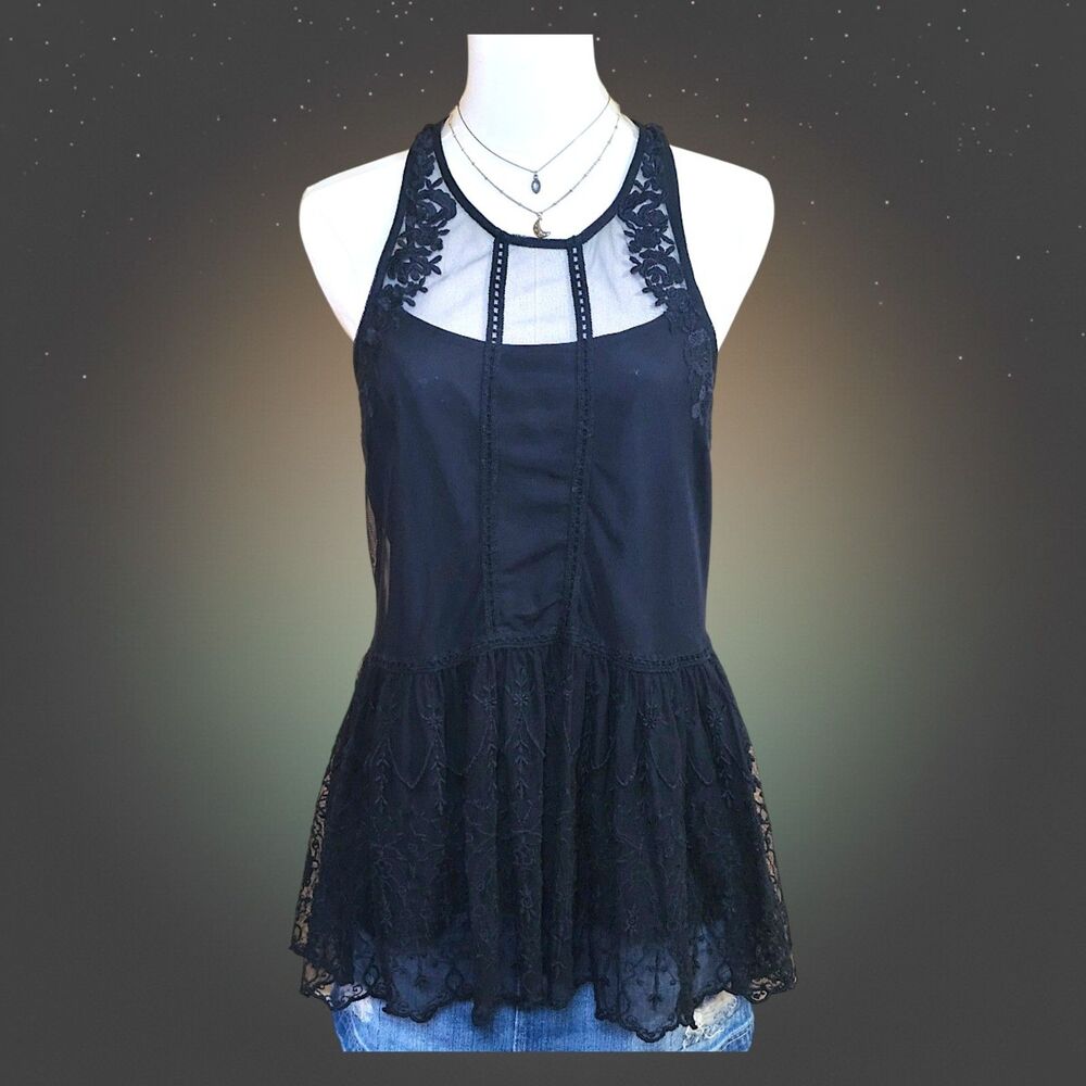 Hollister Black Lace Sheer Embroidered Overlay Peplum Tank Top Small Boho Mesh